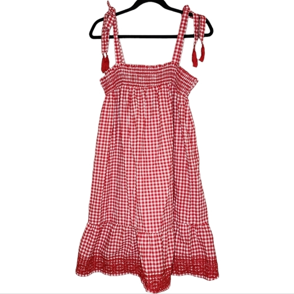 100% Cotton Dress Smocked Embroidered Red White Gingham Plaid XL Margaux Riviera